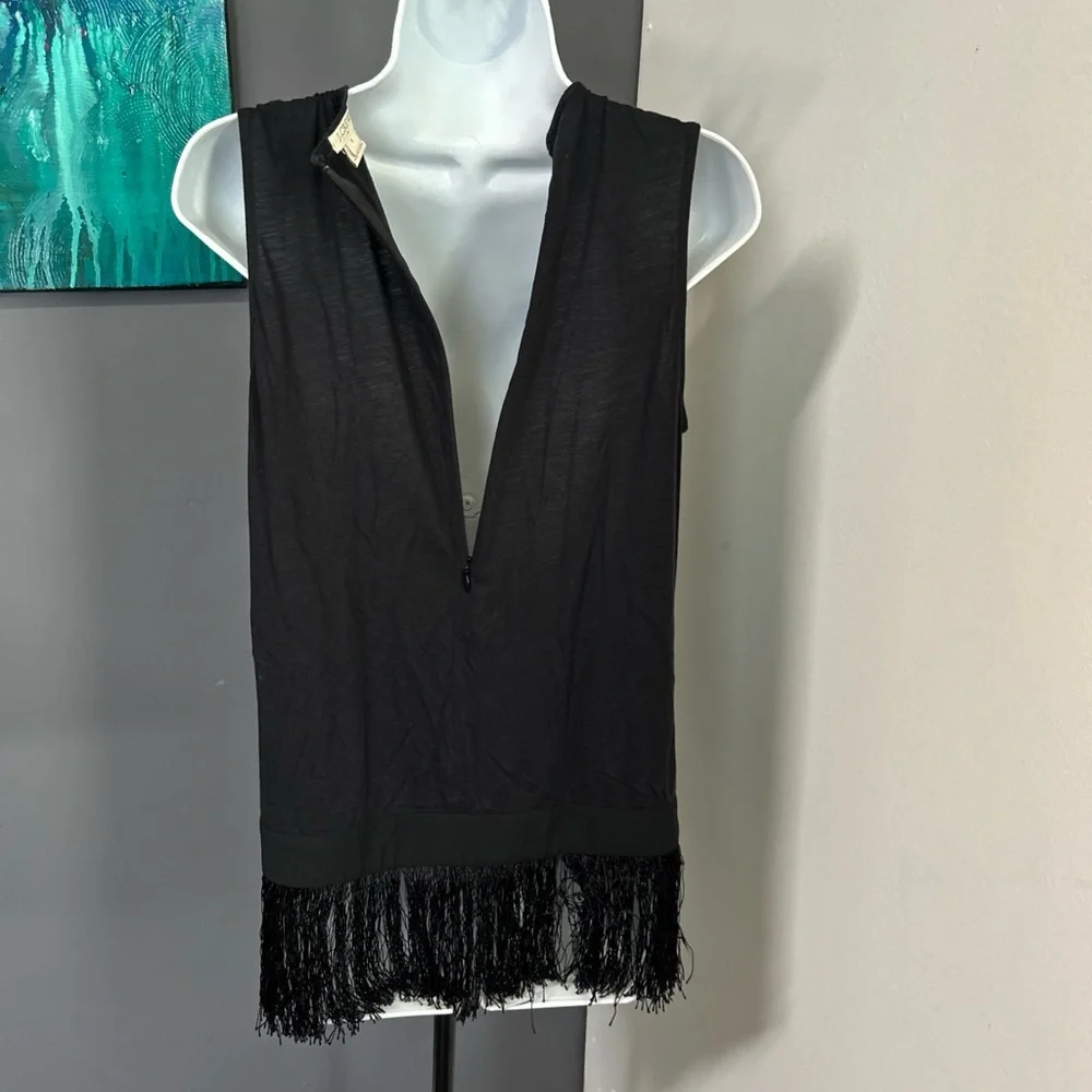 J CREW Top Womens Small‎ Black Sleeveless Tank Fringe Hem Zip Back Cotton
